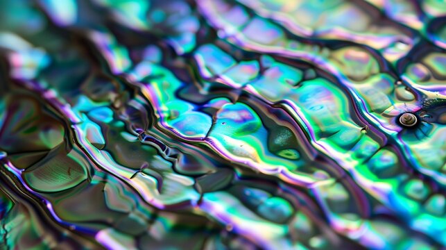 close-up of iridescent abalone shell: Shimmering surface with natural patterns, organic and mesmerizing