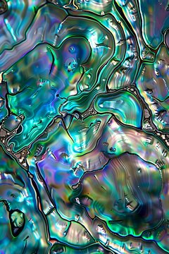 close-up of iridescent abalone shell: Shimmering surface with natural patterns, organic and mesmerizing