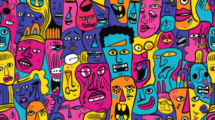 Colorful Happy Face Doodle Expressions Playful Hand-drawn Pattern