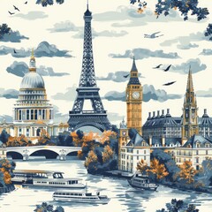 Create a seamless background of iconic European landmarks like the Eiffel Tower and Big Ben, designed to tile perfectly without visible seams, a seamless pattern