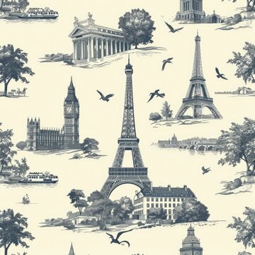 Create a seamless background of iconic European landmarks like the Eiffel Tower and Big Ben, designed to tile perfectly without visible seams, a seamless pattern