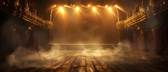 Elegant Historical Theater Stage Aglow with Spotlights and Smoke Filled Dramatic Atmosphere