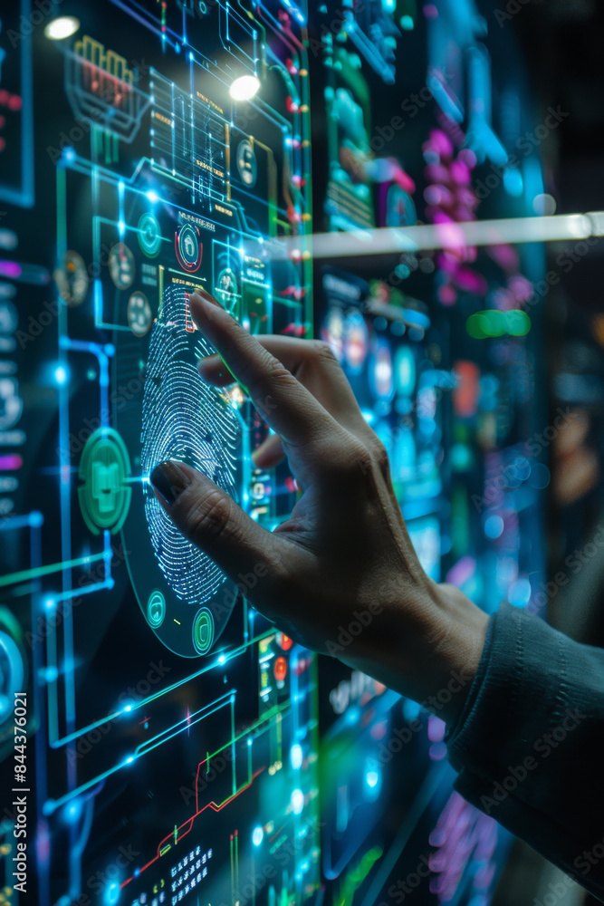 Poster explore the future with touch and biometric prints on a digital interface.