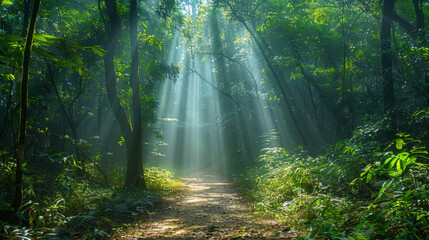 Obraz premium Sunlight filtering through dense woodland canopy, beckoning explorers to uncover nature's wonders.