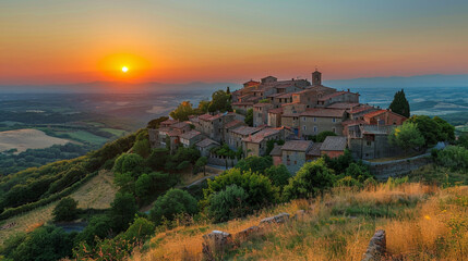 Fototapeta premium Discover the magic of a small medieval village in southern Europe as the sun sets over the hill.