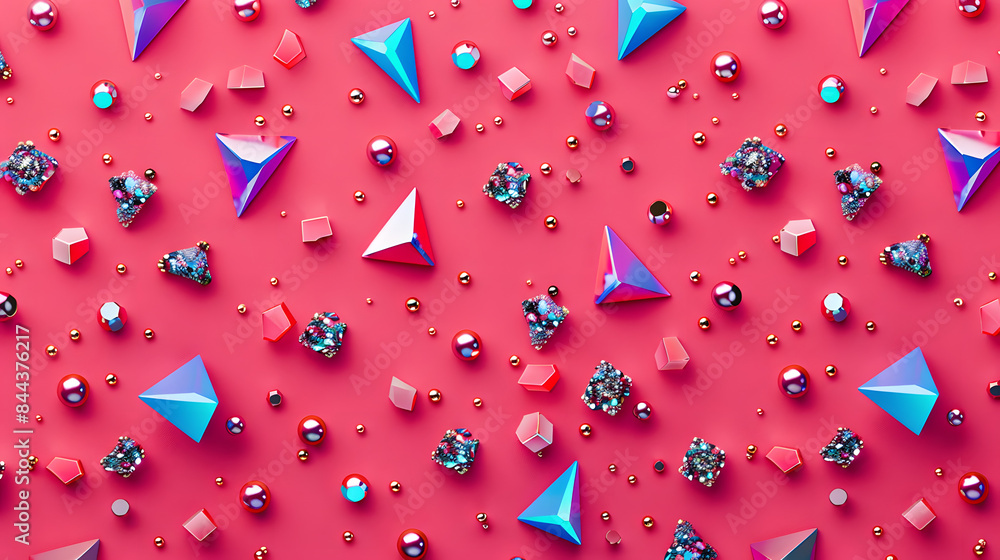Poster glossy beads and triangular tiles scattered on a magenta background