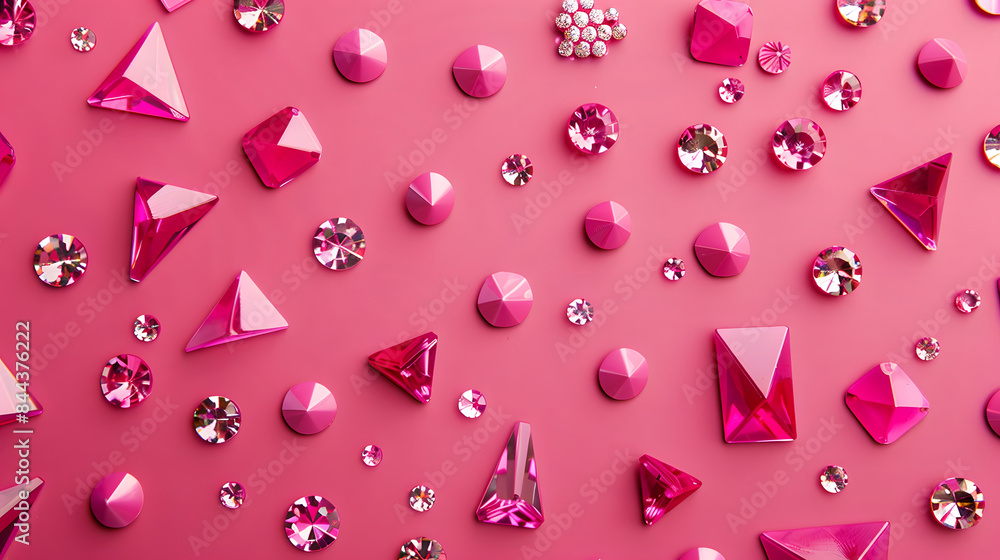 Poster glossy beads and triangular tiles scattered on a magenta background