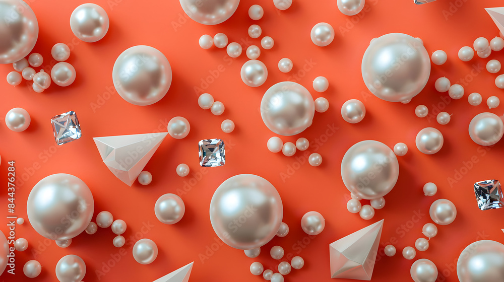 Poster glossy pearls and triangular buttons scattered on a coral background