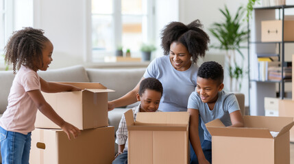 child african american Excited, laughing, playing in new house, having fun unpacking, black family moving concept