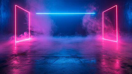 Eerie neon lights illuminate an empty studio room with floating smoke, ideal for product showcases.