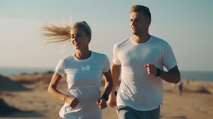 Active family in vibrant sportswear jogging on beach with stunning blue sea in the background