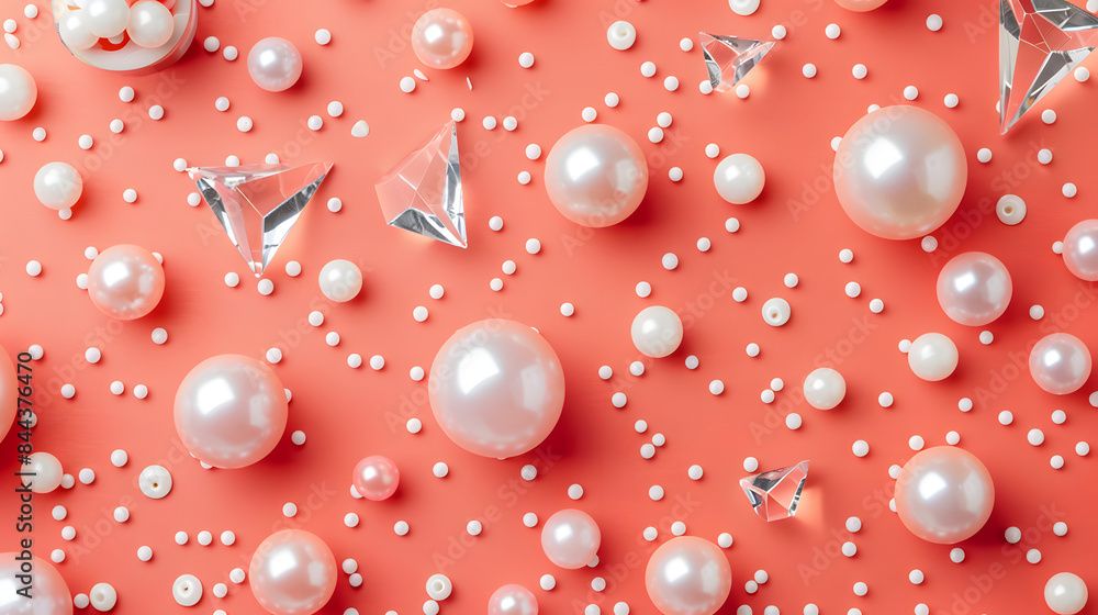Poster glossy pearls and triangular buttons scattered on a coral background