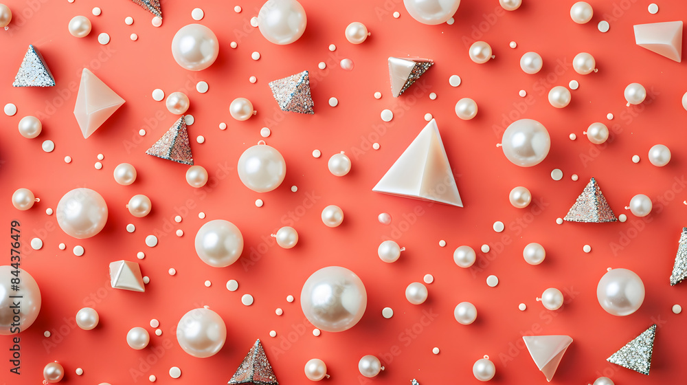Poster glossy pearls and triangular buttons scattered on a coral background