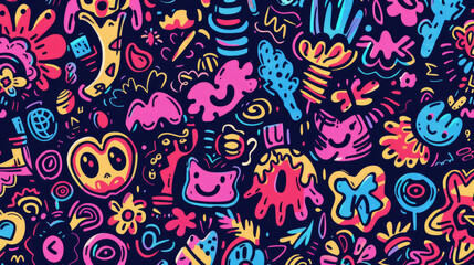 Colorful Funky Doodles Pattern. Whimsical and Fun Art Design