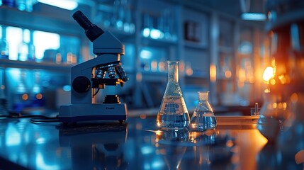 Small remote scientific lab dimly lit with microscope in focus sitting on a table surrounded by glass flasks and beakers glowing