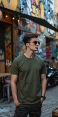 Fototapeta premium Man Wearing a Green T-Shirt Standing in a City Street