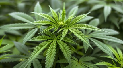 Marijuana, the green leaves of the plant dominate the frame. Their color and characteristic shapes create a picturesque image of nature, which is often the subject of controversy and social debate.