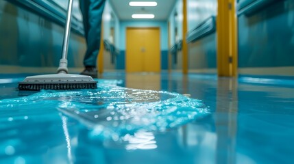 Obraz premium Janitor Mopping Blurred Hospital Corridor with Cleaning Equipment