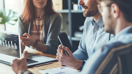 A talented team holds business meetings and discusses strategy with the project's financial analysis process. Businessman planning marketing plan with documents in office, teamwork