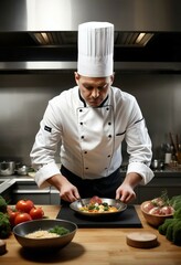 A chef in a high-end kitchen preparing a gourmet meal.