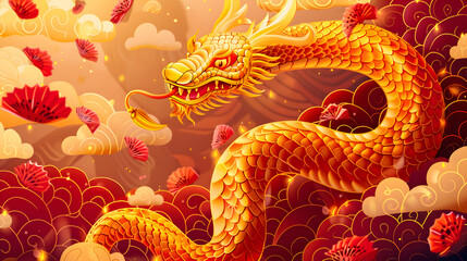 Obraz premium Golden snake. in the cartoon style. surrounded by auspicious clouds and red envelopes 