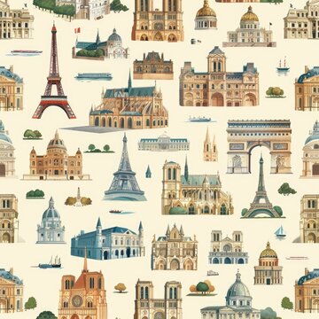Create a seamless background of iconic French landmarks like the Louvre and Notre Dame, designed to tile perfectly without visible seams, a seamless pattern