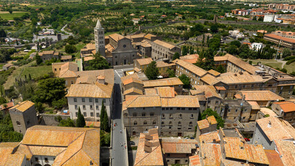 Aerial view of Palazzo dei Papi in Viterbo, Italy. It is a historical papal palace located...