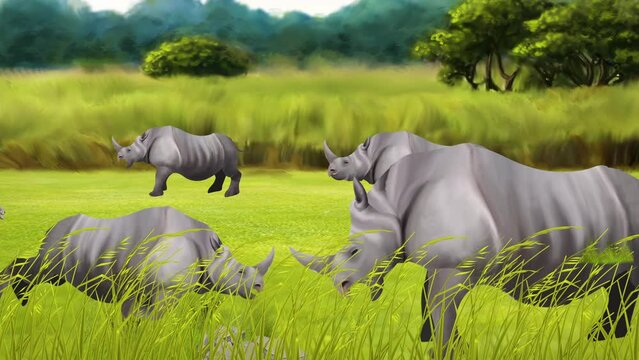 one horned rhino eating grass at forest kaziranga national park 2d animation	
