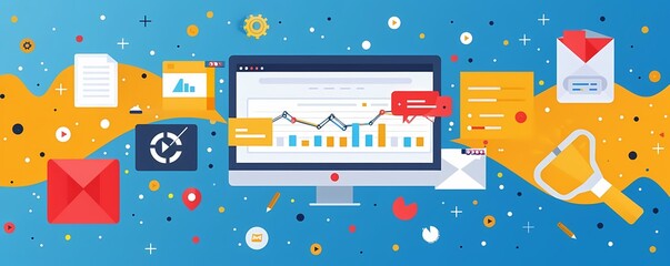 Flat design of digital marketing tools with analytics software, traffic analysis, and conversion tracking