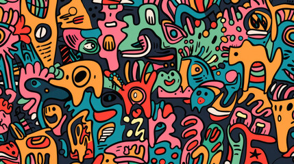 Colorful Funky Doodles Pattern. Whimsical and Fun Art Design