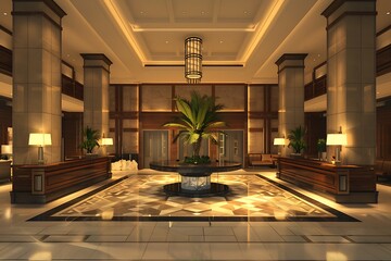 3d render of hotel reception lobby entrance