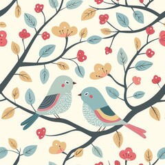 Create a seamless background of lovebirds and whimsical wedding themes, designed to tile perfectly without visible seams, a seamless pattern