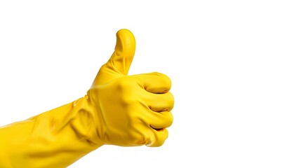 a hand wearing a yellow rubber glove with a thumb up on a white background.