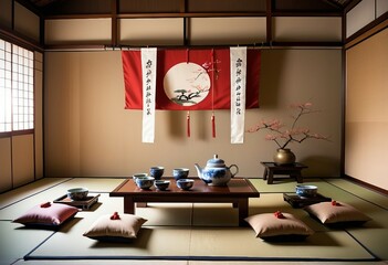 A formal Japanese tea ceremony occurring in a tranquil, sparsely decorated room featuring a wooden table, cushions, and a hanging scroll.
