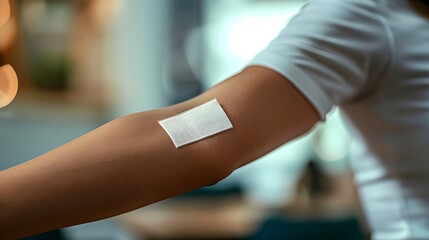 Fototapeta premium Close-up of Nicotine Patch on Arm with Blurred Background