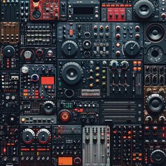 Generate a tileable background featuring DJ equipment and electronic music elements, ensuring no visible edges or seams, a seamless pattern