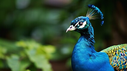 Peacock in profile, head slightly turned towards the camera. The peacock's bright blue-green plumage is eye-catching, and the feathers show intricate patterns. The background is blurred, which emphasi