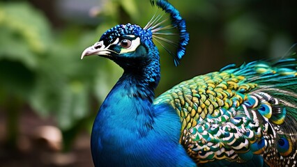 Fototapeta premium Peacock in profile, head slightly turned towards the camera. The peacock's bright blue-green plumage is eye-catching, and the feathers show intricate patterns. The background is blurred, which emphasi