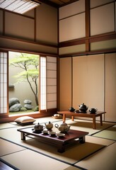 A formal Japanese tea ceremony occurring in a tranquil, sparsely decorated room featuring a wooden table, cushions, and a hanging scroll.
