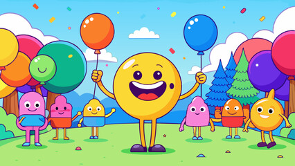 Obraz premium Colorful Animated Party Characters Celebrating with Balloons and Confetti