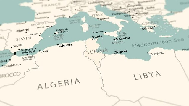 Tunisia on the world map. Smooth map rotation. 4K animation.
