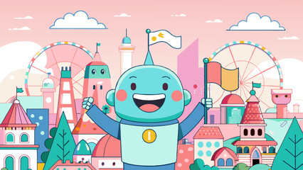 Fototapeta premium Cheerful Robot Tourist Exploring a Colorful Amusement Park Cityscape