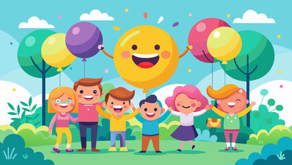 Happy Children Celebrating with Colorful Balloons in a Sunny Park