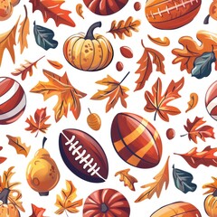 Create a seamless background of Thanksgiving traditions like football and family games, designed to tile perfectly without visible seams, a seamless pattern
