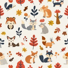 Generate a tileable background featuring woodland creatures and fall forest themes, ensuring no visible edges or seams, a seamless pattern