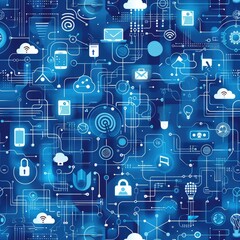 Fototapeta premium Create a seamless background of digital technology elements like coding symbols and cloud computing, designed to tile perfectly without visible seams, a seamless pattern