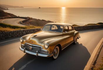 A vintage car parked on a coastal road with the ocean in the background.
