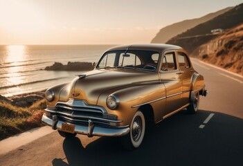 Obraz premium A vintage car parked on a coastal road with the ocean in the background. 