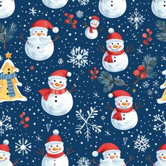 Design a seamless background with Santa Claus and snowmen in a winter wonderland, suitable for use as a repeating pattern, a seamless pattern