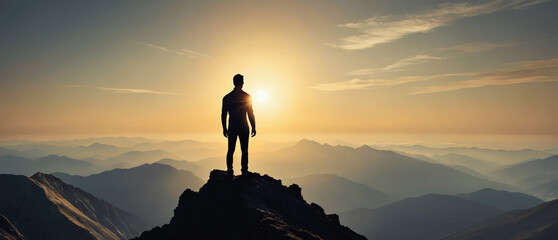 Silhouette of a person standing on a mountain summit during sunrise or sunset, surrounded by misty mountain ranges. Ideal for motivational posters, holiday cards, and adventure-themed designs.